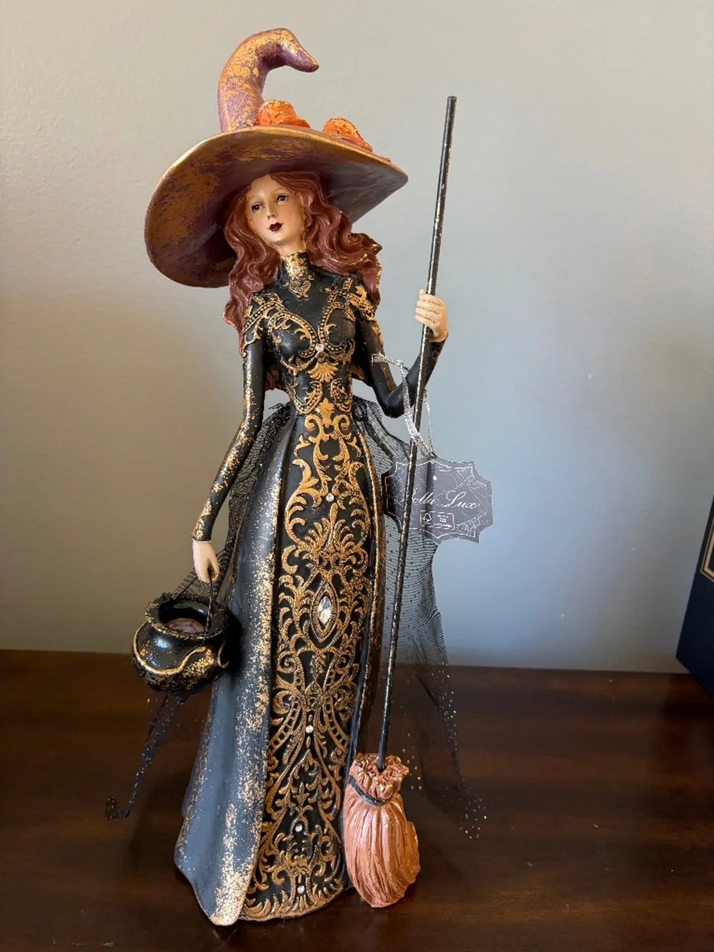 Bella Lux Halloween Witch Figurine Statue Black Gold Damask Dress Cauldron Broom
